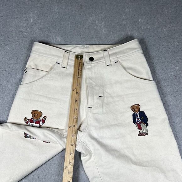 VTG IMPRSSVE Jeans Women’s Size 26 Beige CUSTOM Polo Bear Patches Straight Fit - Picture 4 of 12